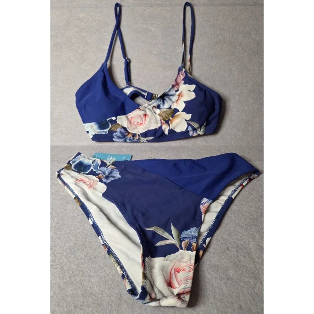 CUPSHE Blue Floral Bikini Set Women's Size S Asymmetrical One Shoulder 2 Pc NWT